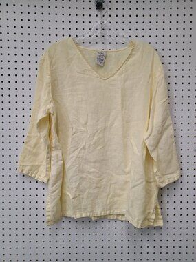 Yellow Linen V-Neck 3/4 Sleeve Blouse By Match Point USA